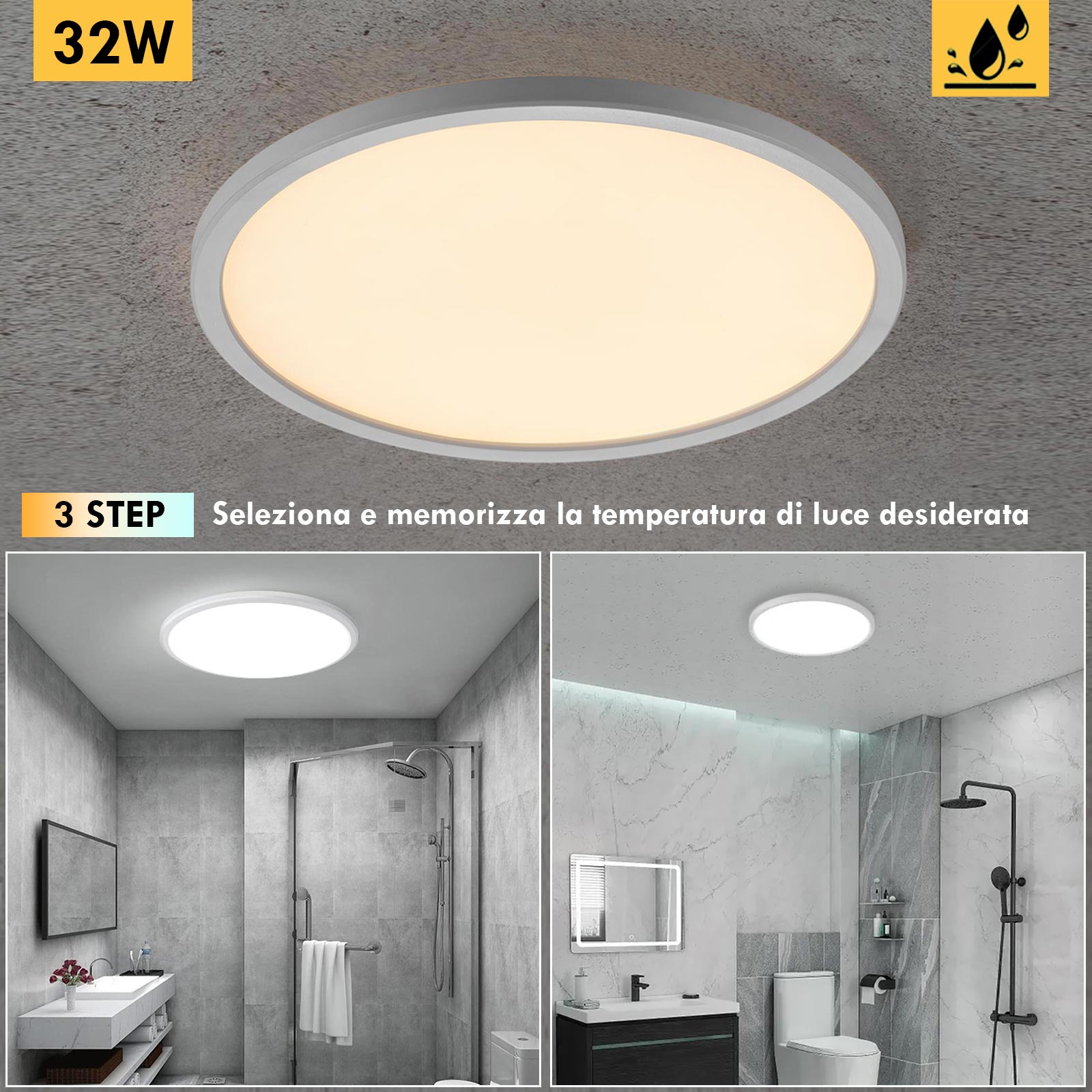 Plafoniera tonda moderna impermeabile IP44 LED 32W luce 3 STEP resa 243W lampada soffitto parete bagno garage 38cm 230V