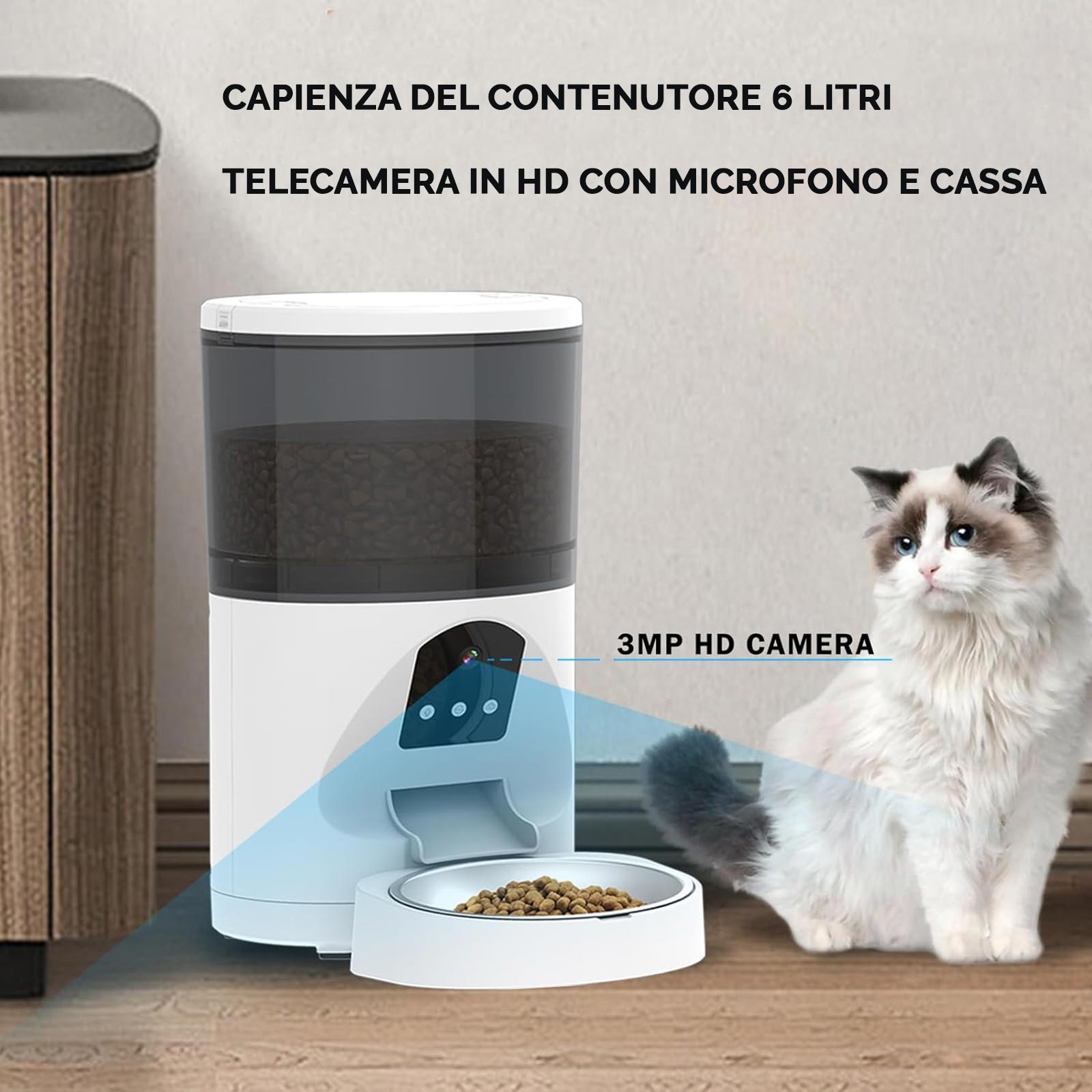 Erogatore dispenser distributore automatico cibo SMART WiFi per animali cani gatti controllo remoto da APP telecamera HD