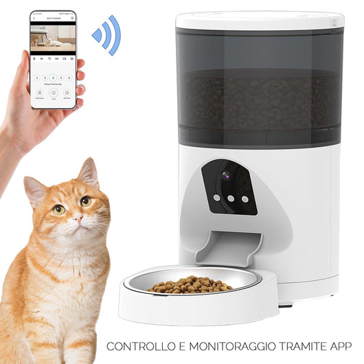 Erogatore dispenser distributore automatico cibo SMART WiFi per animali cani gatti controllo remoto da APP telecamera HD