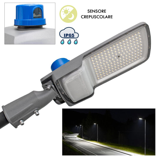 Lampione faro armatura stradale IP65 sensore crepuscolare LED 100W 6500K alta efficienza luce viali sentieri giardino 230V