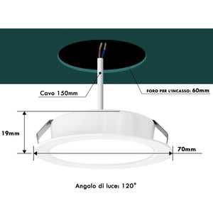 Faretto slim LED 3W bianco incasso 60mm diffusore opaco basso consumo luce moderna cappa cucina mensole mobili IP20 230V 3000K