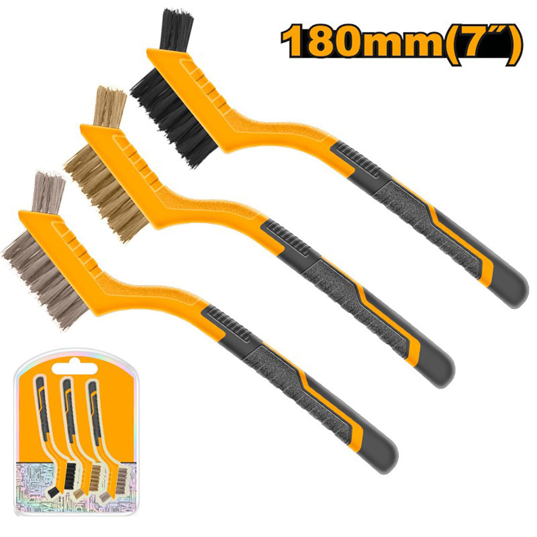 Set 3 spazzole abrasive 18 cm in filo di acciaio nylon ottone con manico Ingco HKTWB10306