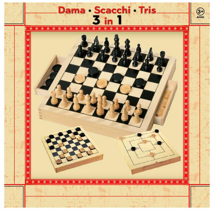 Gioco 3 in 1 Dama Scacchi Tris in Legno