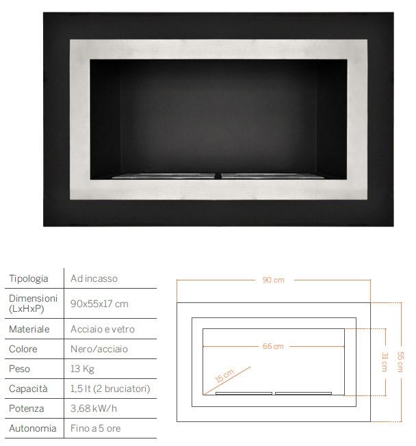 Camino a Bioetanolo da Parete 90x55x17 cm Taylor Nero e Acciaio