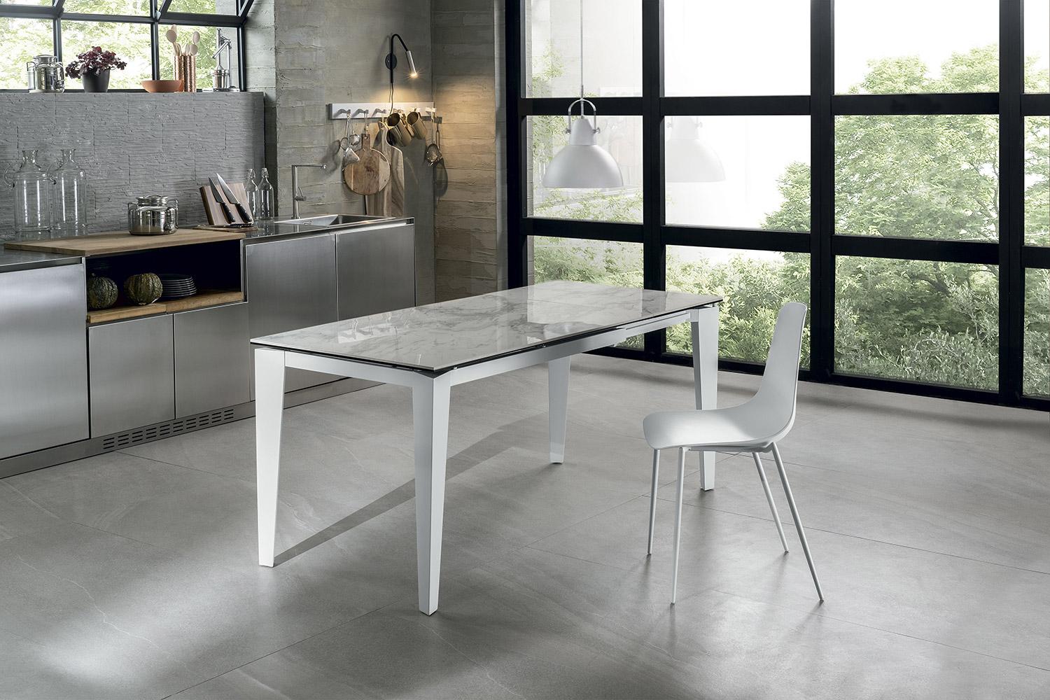 Tavolo Allungabile 120/170x80x76 cm in Metallo con Top Ceramica su Vetro Marmo Bianco