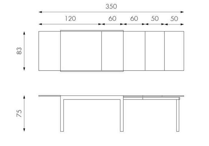 Tavolo Allungabile 120/350x83x75 cm in Metallo con Top in Vetro Bianco