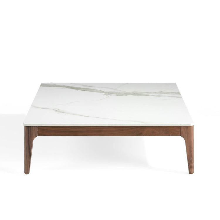 Tavolino quadrato in finto vetro marmo e legno di noce