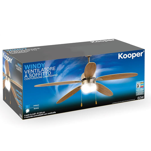 Ventilatore da Soffitto 5 Pale e Lampada E27 in MDF Ø130 cm 3 Velocità Kooper Marrone