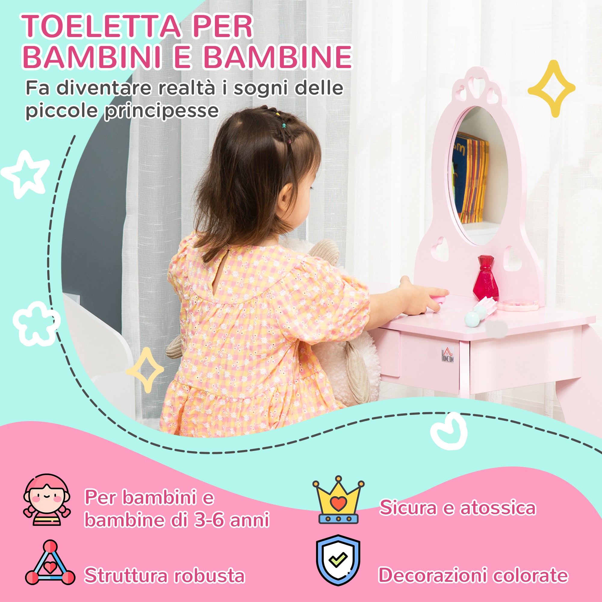 Postazione Trucco Specchiera Giocattolo per Bambini in Legno Rosa