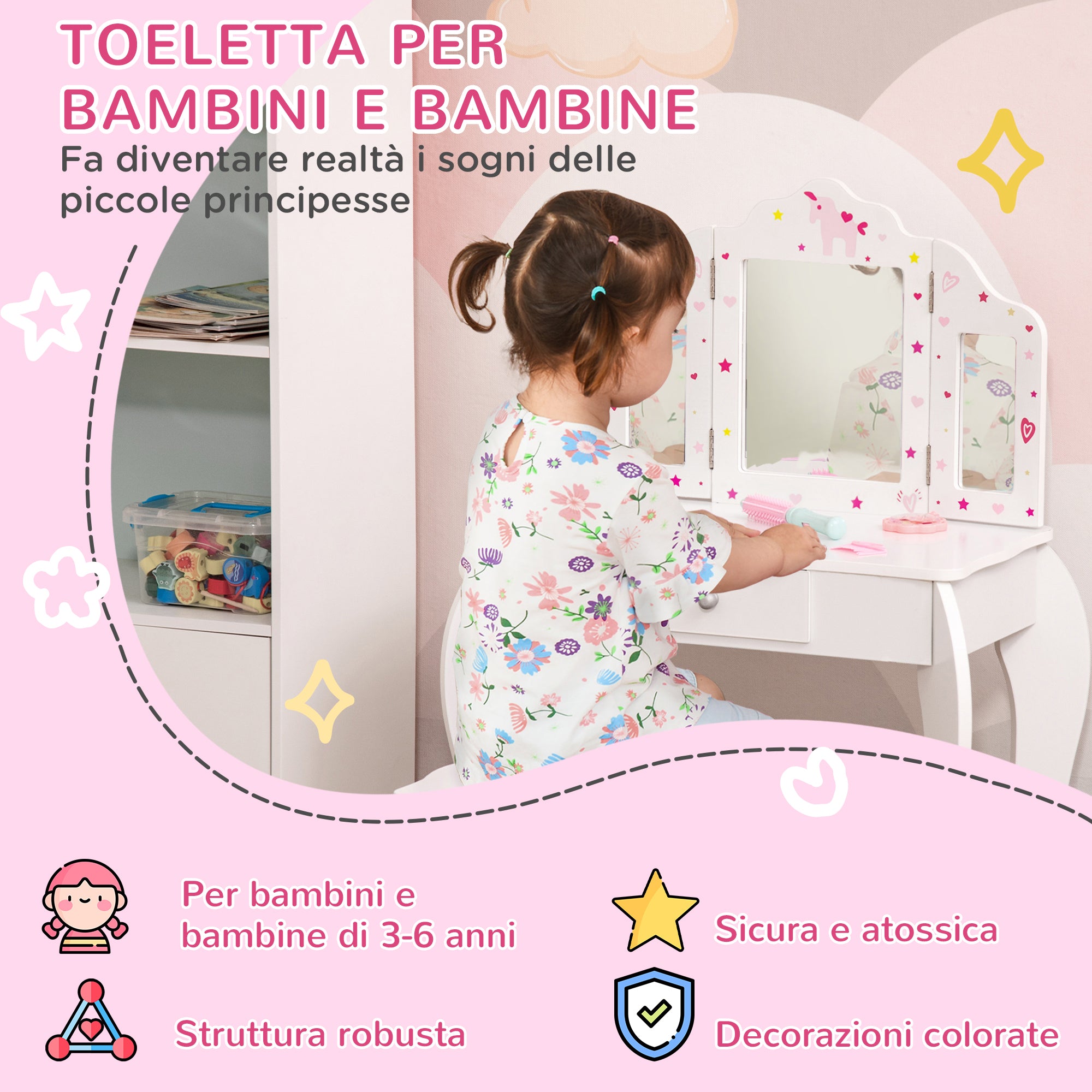 Postazione Trucco Specchiera Giocattolo per Bambini in Legno Bianca