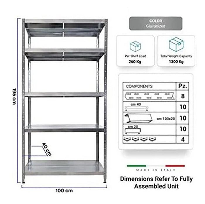 Scaffale in Metallo 5 Ripiani 100x40x195 cm Maciste Zincato