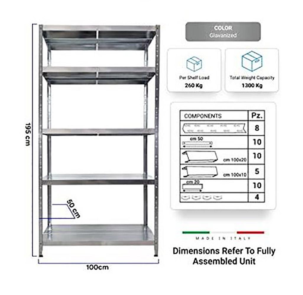 Scaffale in Metallo 5 Ripiani 100x50x195 cm Maciste Zincato