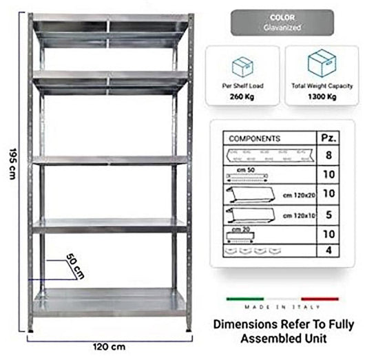 Scaffale in Metallo 5 Ripiani 120x50x195 cm Maciste Zincato