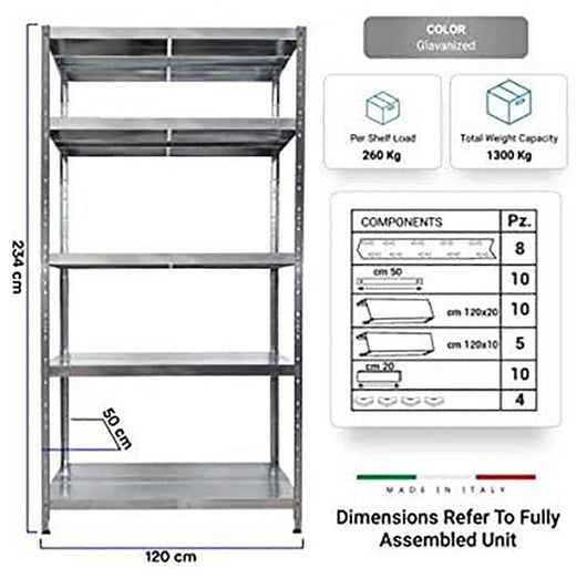 Scaffale in Metallo 5 Ripiani 120x50x234 cm Maciste Zincato