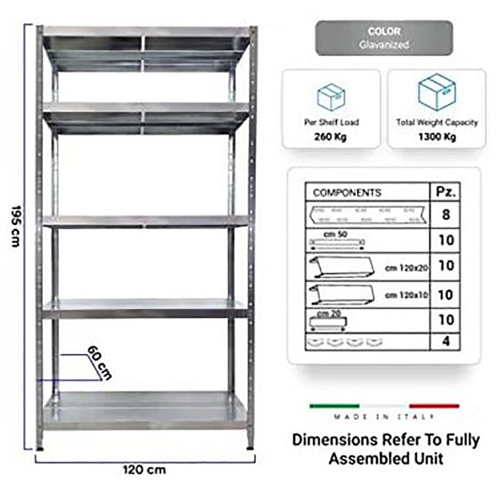 Scaffale in Metallo 5 Ripiani 120x60x195 cm Maciste Zincato