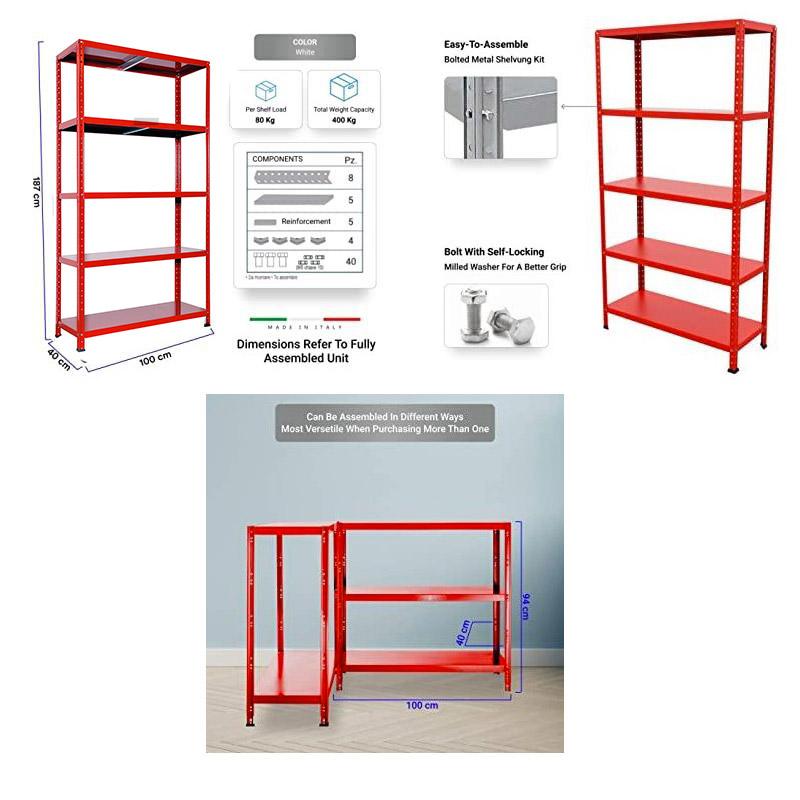 Scaffale in Metallo 5 Ripiani 100x40x187 cm  Ettore Rosso