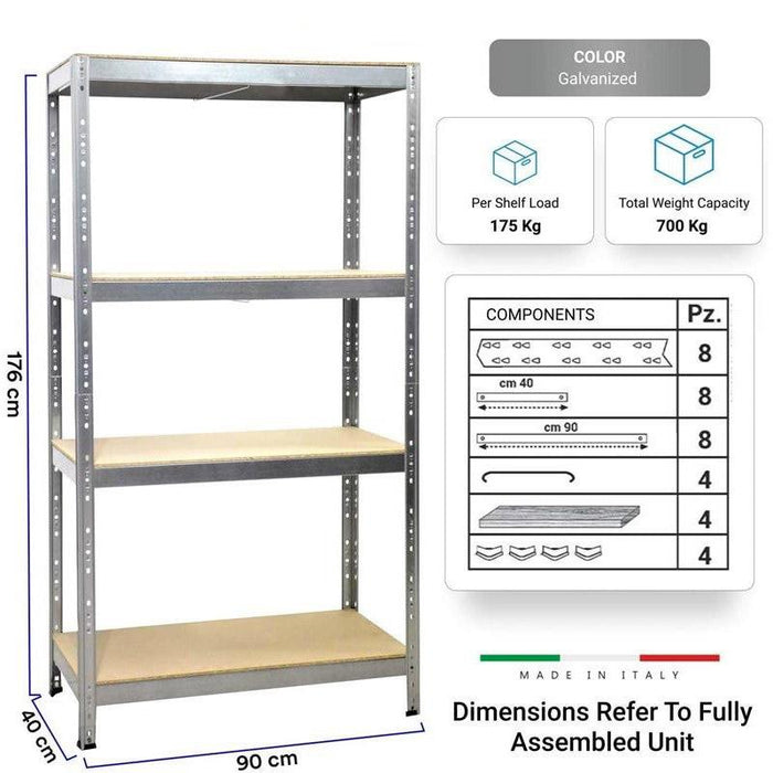 Scaffale in Metallo 4 Ripiani in Legno Truciolato 90x40x176 cm Joker Zincato