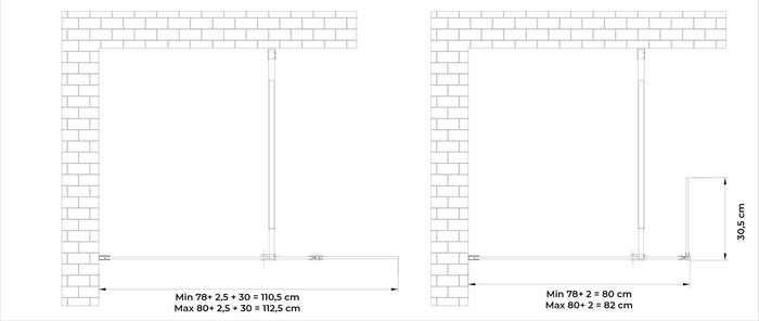 Parete Doccia Walk-In 80 cm + Antina 30 cm in Cristallo Trasparente 8mm H200