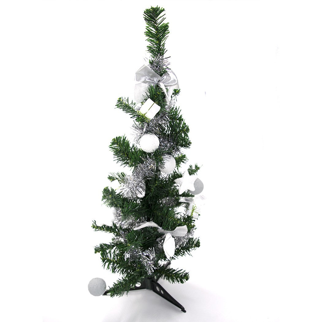 Albero di Natale da tavola verde e grigio 60H cm con decorazioni su rami