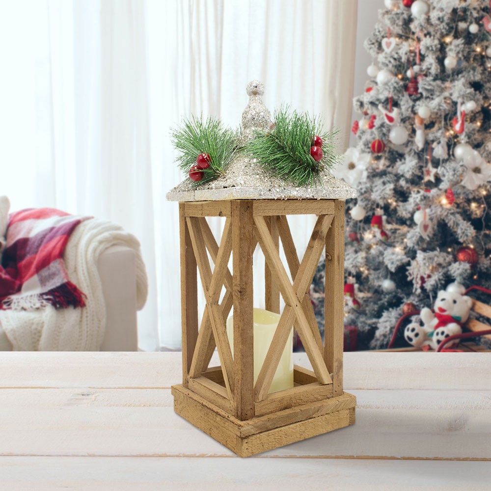 Lanterna con lumino di Natale in legno con luce led e glitter