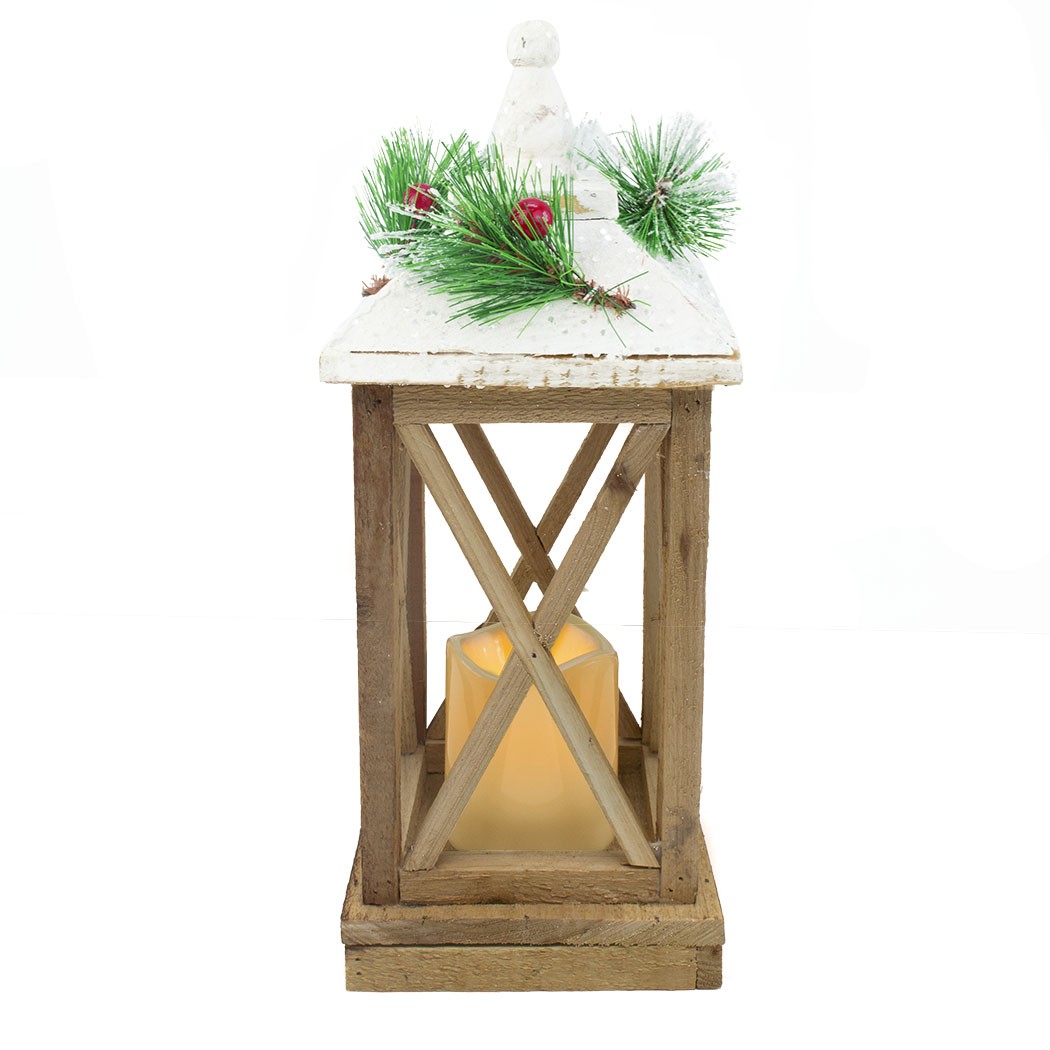 Lanterna con Lumino di Natale in Legno con Luce Led e Glitter