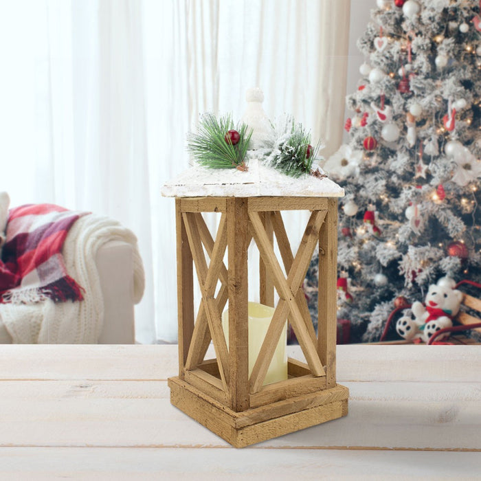 Lanterna con Lumino di Natale in Legno con Luce Led e Glitter