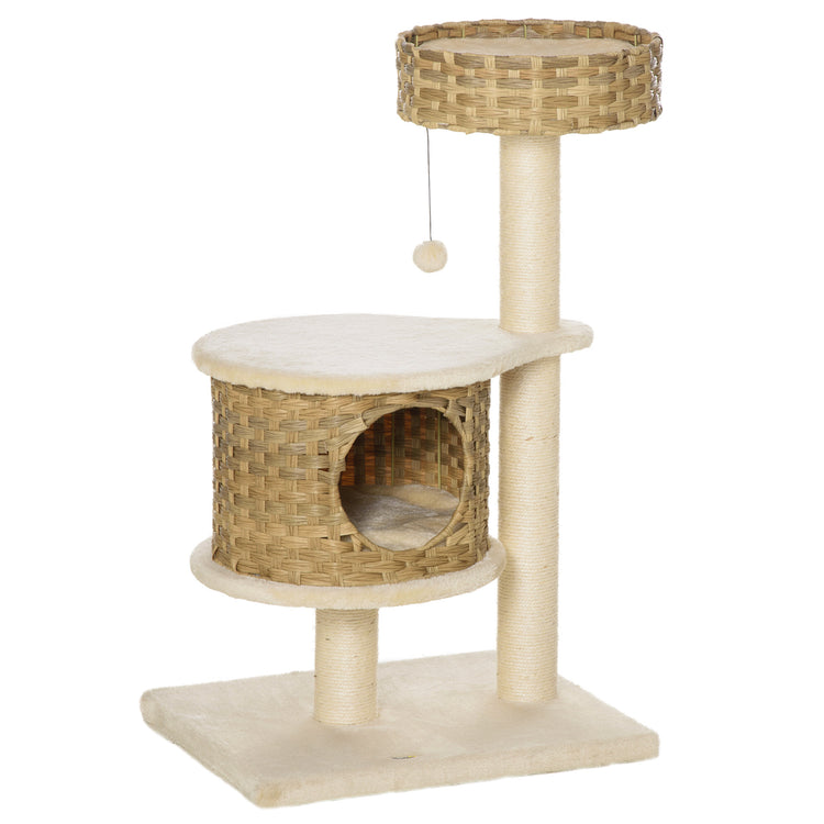 Albero Tiragraffi per Gatti 55x47x95 cm in Rattan e Pali in Sisal Beige