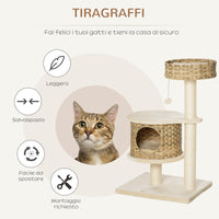 Albero Tiragraffi per Gatti 55x47x95 cm in Rattan e Pali in Sisal Beige