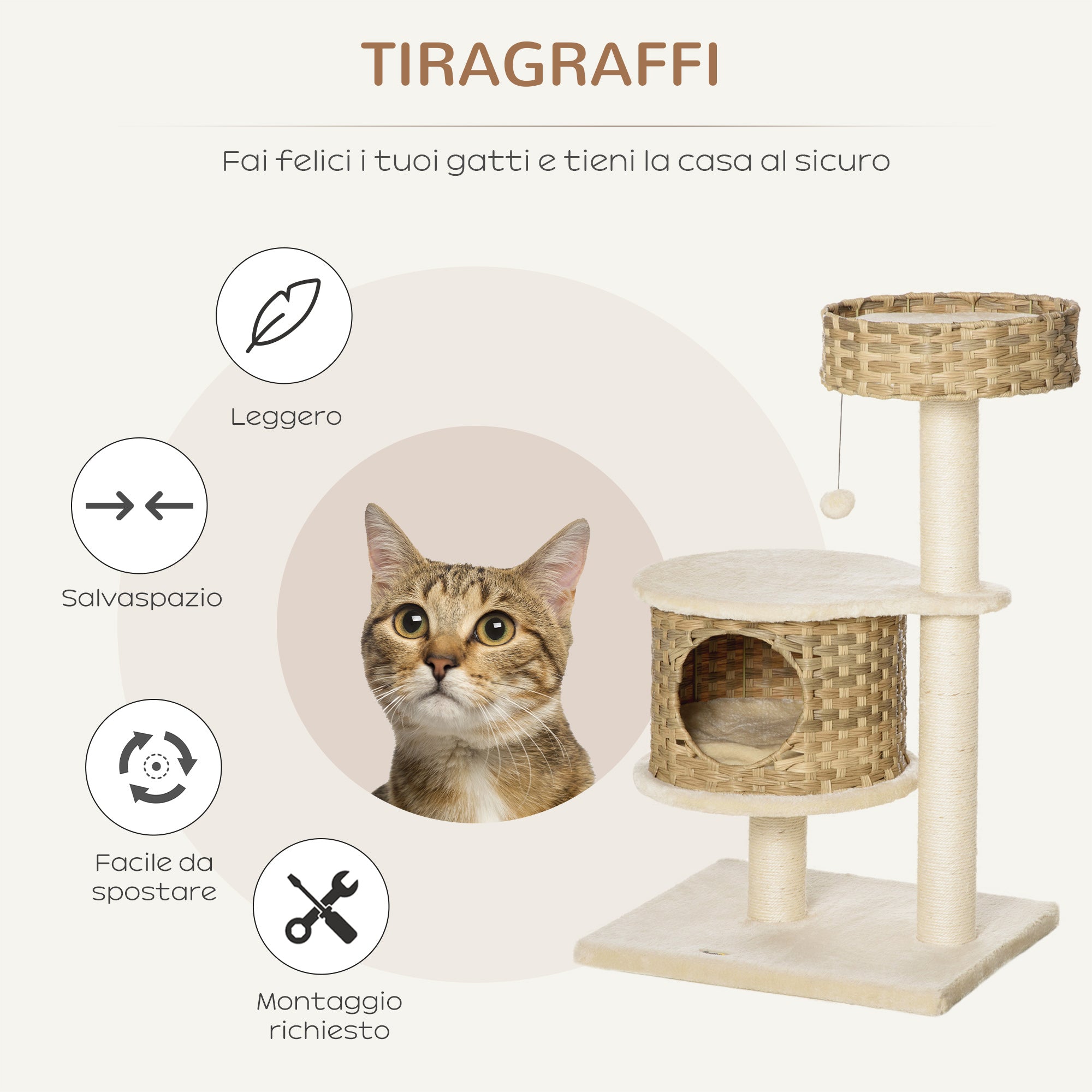 Albero Tiragraffi per Gatti 55x47x95 cm in Rattan e Pali in Sisal Beige