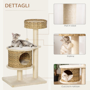 Albero Tiragraffi per Gatti 55x47x95 cm in Rattan e Pali in Sisal Beige