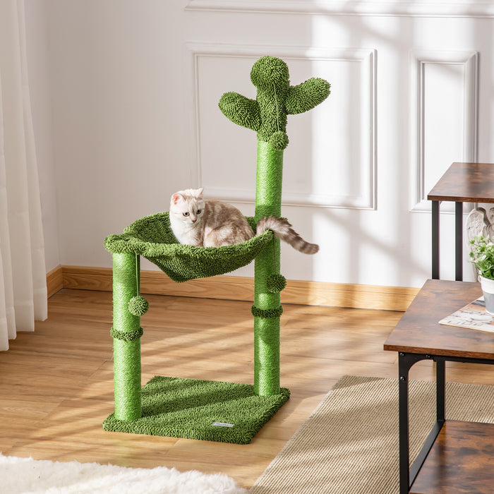 Albero Tiragraffi per Gatti 40x40x96 cm a Forma di Cactus con Palline e Amaca Verde