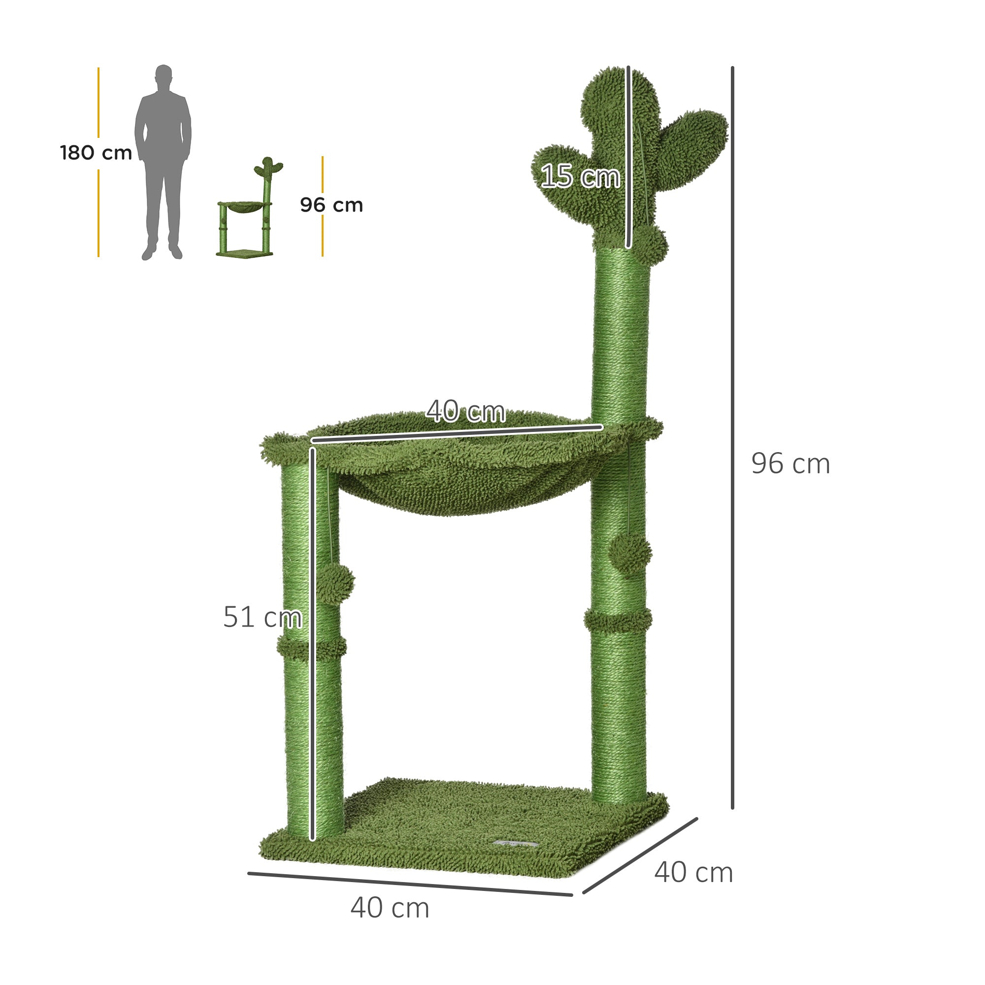 Albero Tiragraffi per Gatti 40x40x96 cm a Forma di Cactus con Palline e Amaca Verde