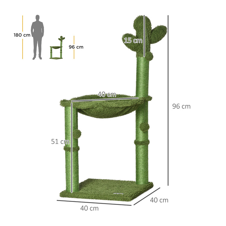 Albero Tiragraffi per Gatti 40x40x96 cm a Forma di Cactus con Palline e Amaca Verde