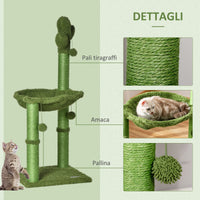 Albero Tiragraffi per Gatti 40x40x96 cm a Forma di Cactus con Palline e Amaca Verde