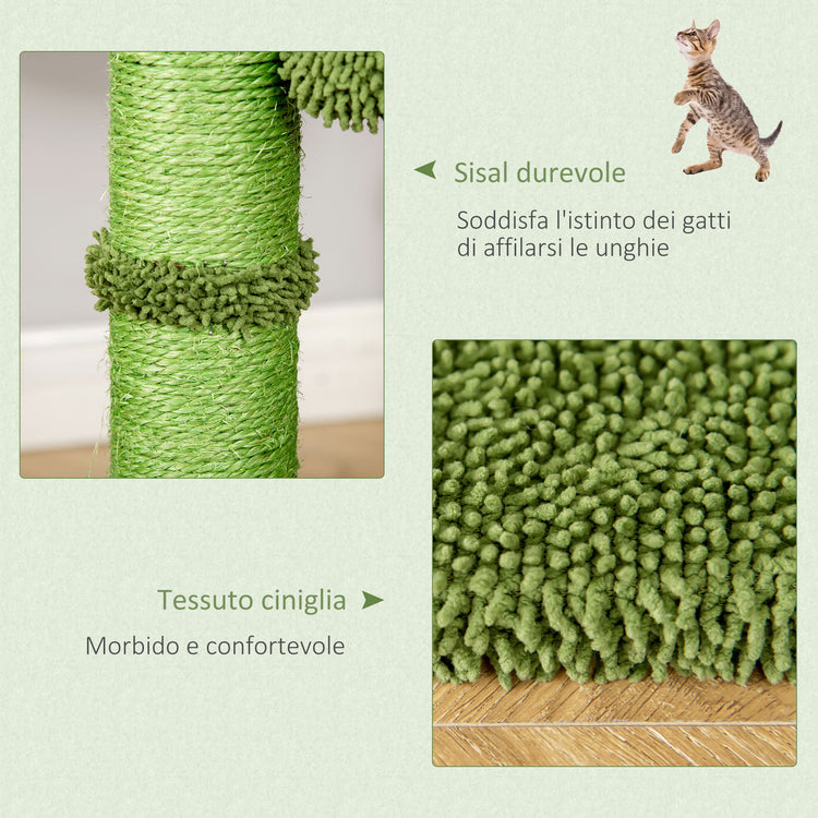 Albero Tiragraffi per Gatti 40x40x96 cm a Forma di Cactus con Palline e Amaca Verde