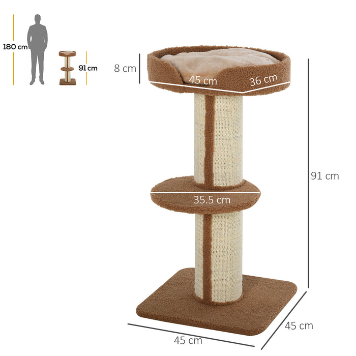 Albero Tiragraffi per Gatti 45x45x91 cm in Corda Sisal Rivestimento Peluche e Pali Marrone