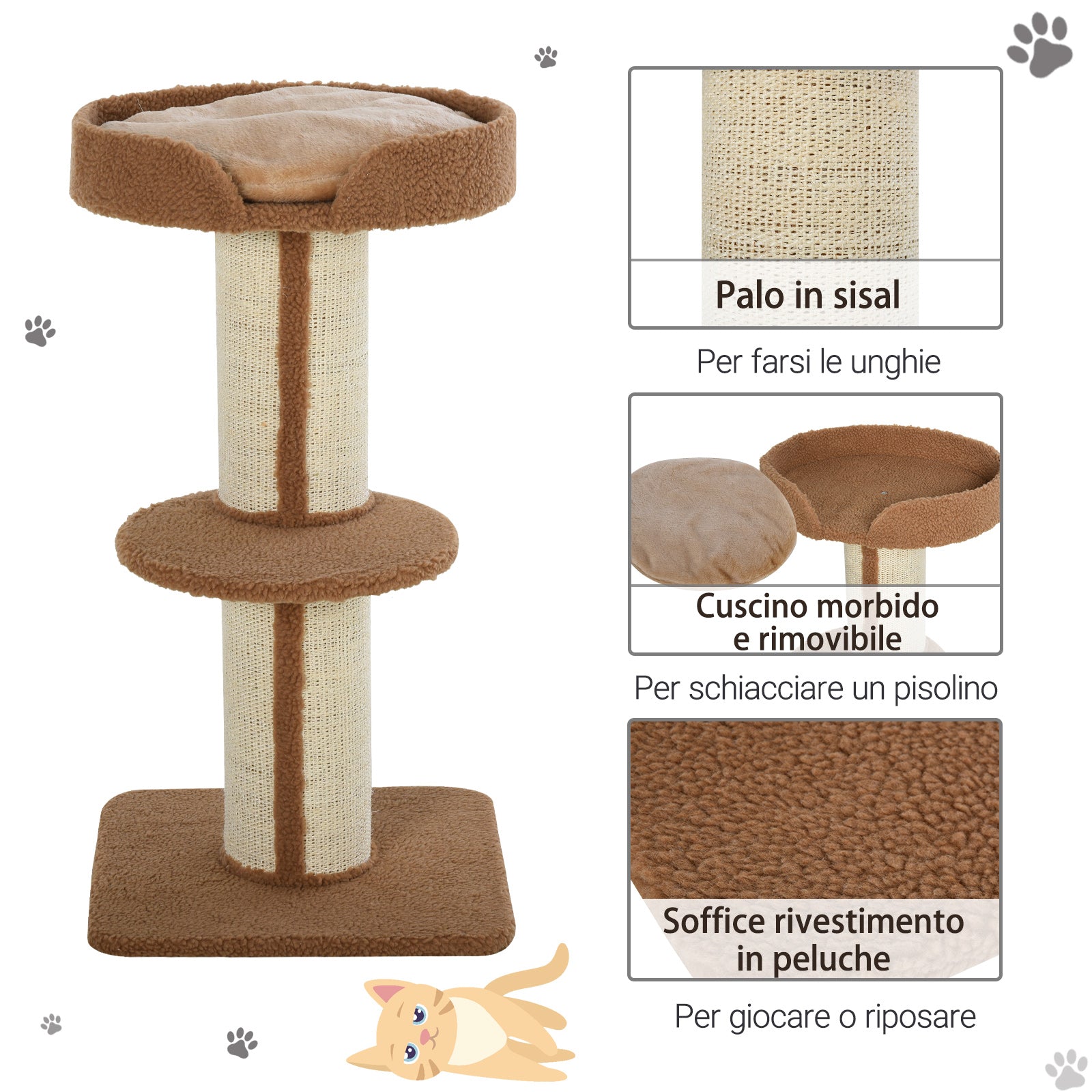 Albero Tiragraffi per Gatti 45x45x91 cm in Corda Sisal Rivestimento Peluche e Pali Marrone