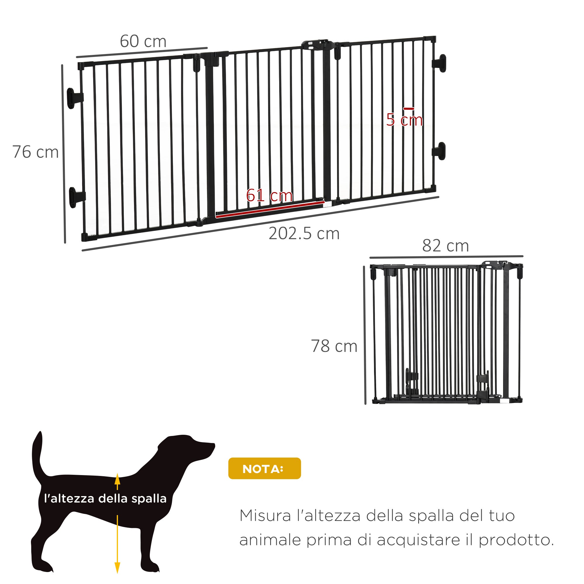 Cancelletto di Sicurezza Pieghevole per Animali Domestici 202,5x2x76 cm in Acciaio Nero