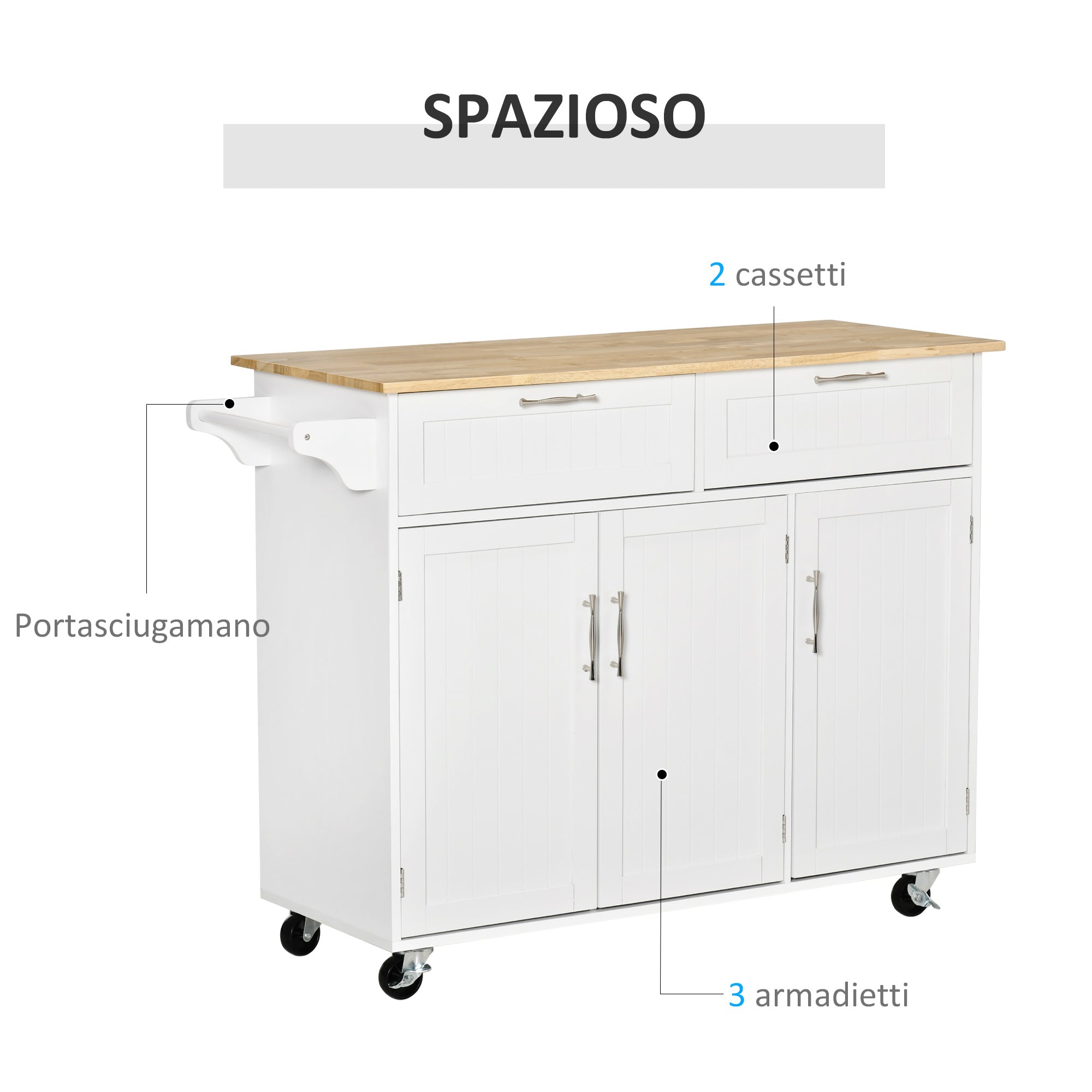 Carrello da Cucina 121x46x91 cm in Legno e MDF Bianco