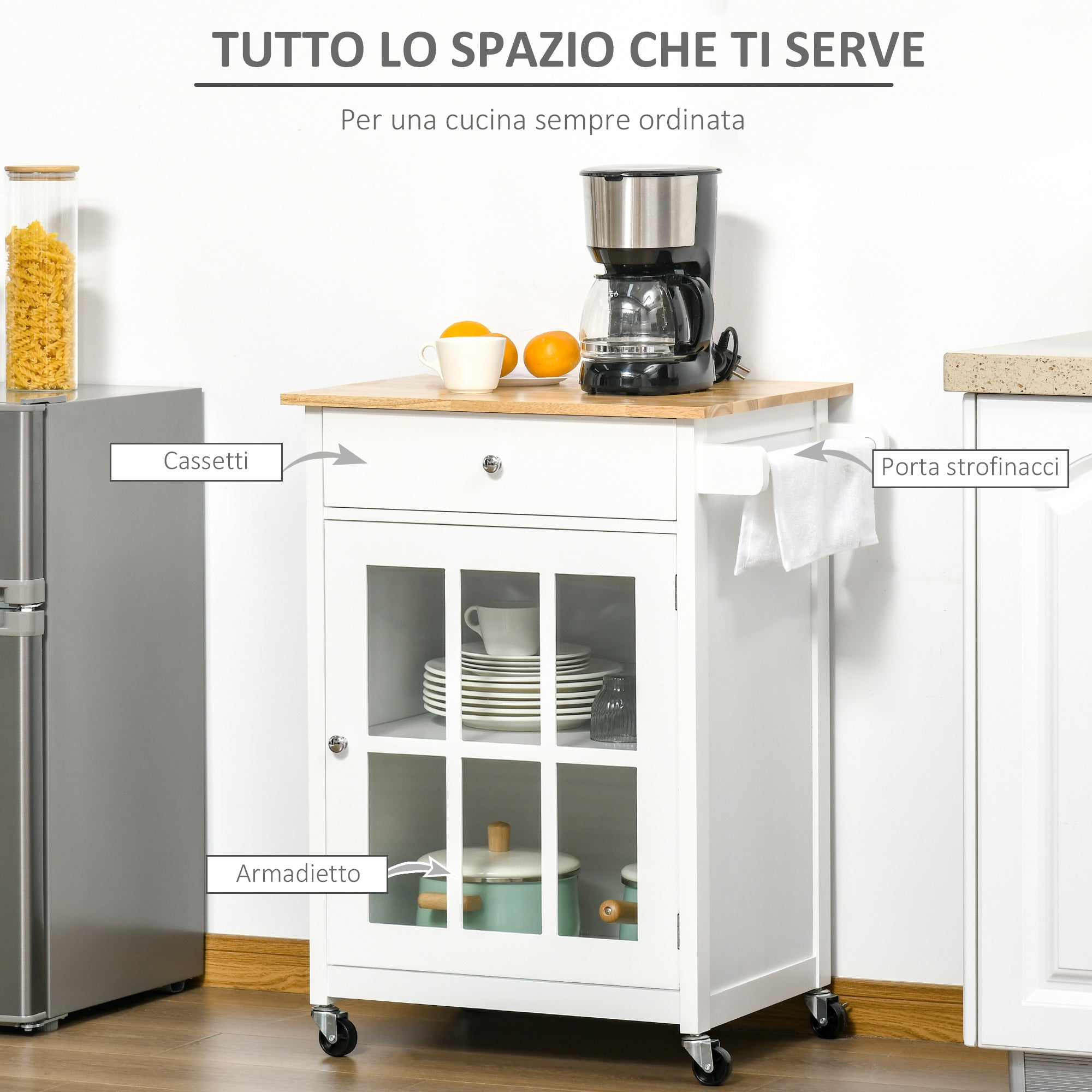 Carrello da Cucina 67x48x86,5 cm in Legno Bianco