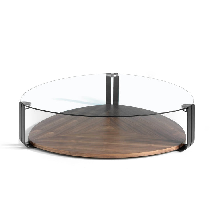 Tavolino 135x135x32 cm in legno di noce e vetro temperato