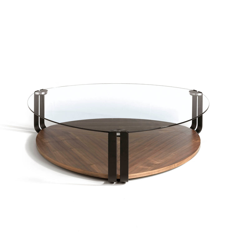 Tavolino 135x135x32 cm in legno di noce e vetro temperato
