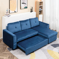 Divano Letto 3 Posti con Chaise Longue Contenitore 232x141x85 cm in Tessuto Effetto Lino Blu