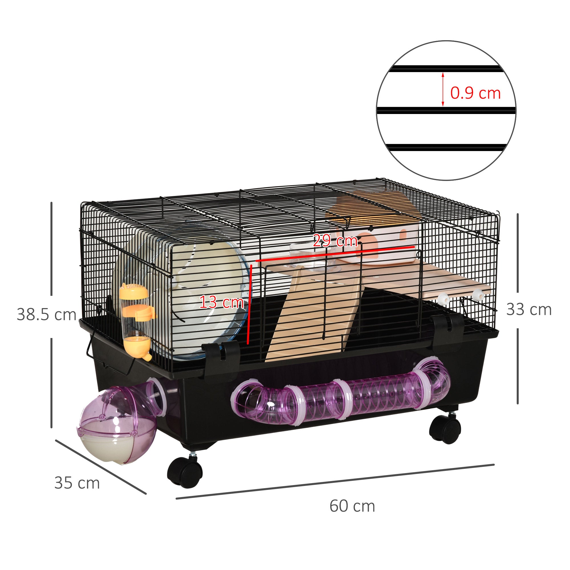 Gabbia per Criceti e Roditori 60x35x38,5 cm con Tunnel e Ruota Nera