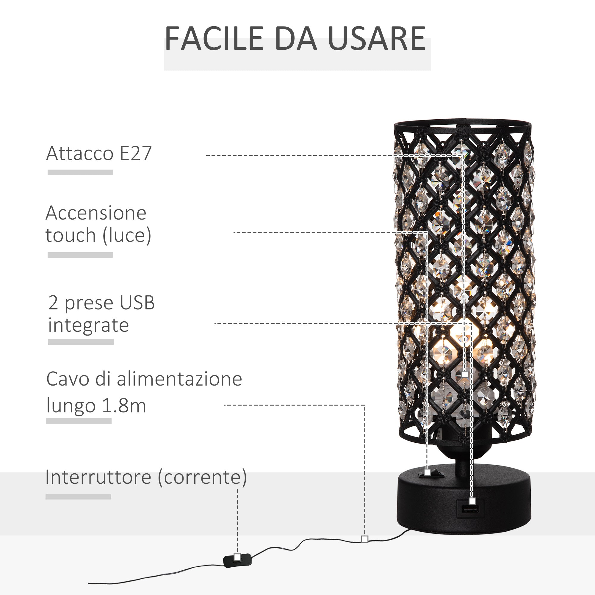 Lampada da Tavolo 2 Porte USB Ø10,8x30 cm E27 Paralume in Cristallo Nero