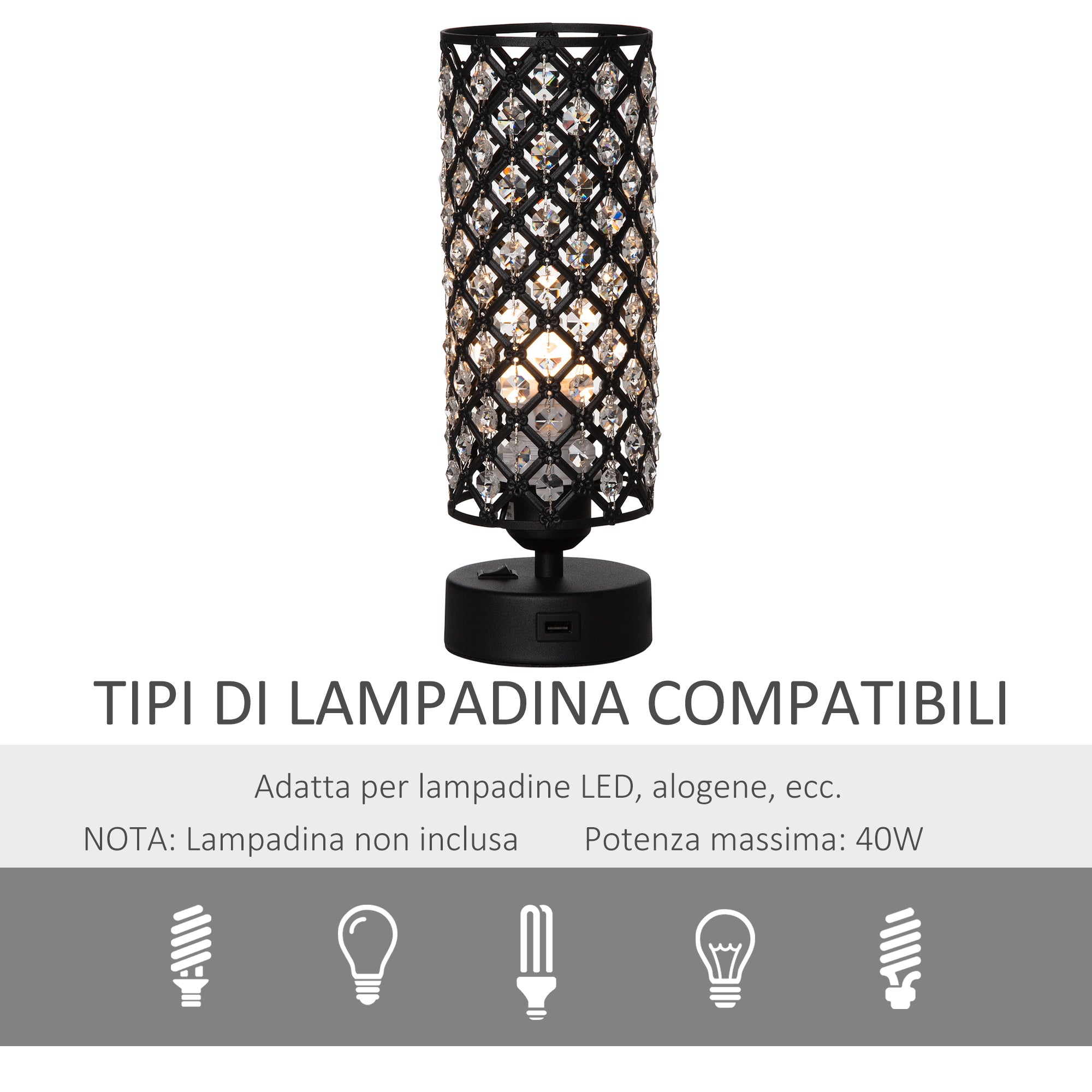 Lampada da Tavolo 2 Porte USB Ø10,8x30 cm E27 Paralume in Cristallo Nero