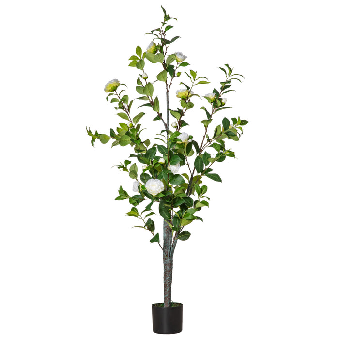 Pianta Artificiale Albero Camelia H150 cm con Vaso Verde e Bianco