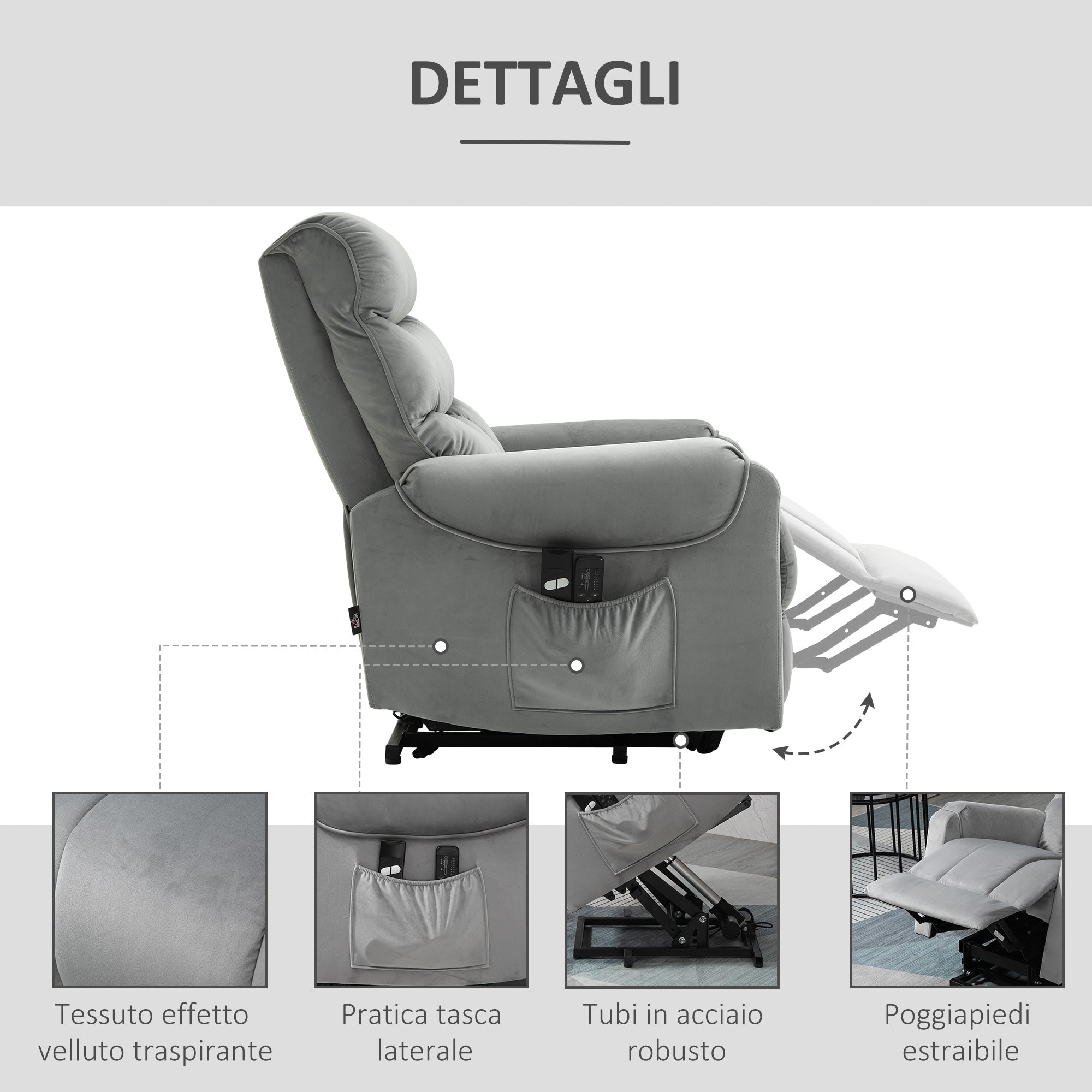 Poltrona Alzapersona Elettrica 1 Motore 79x97x103 cm in Poliestere Effetto Velluto Grigio