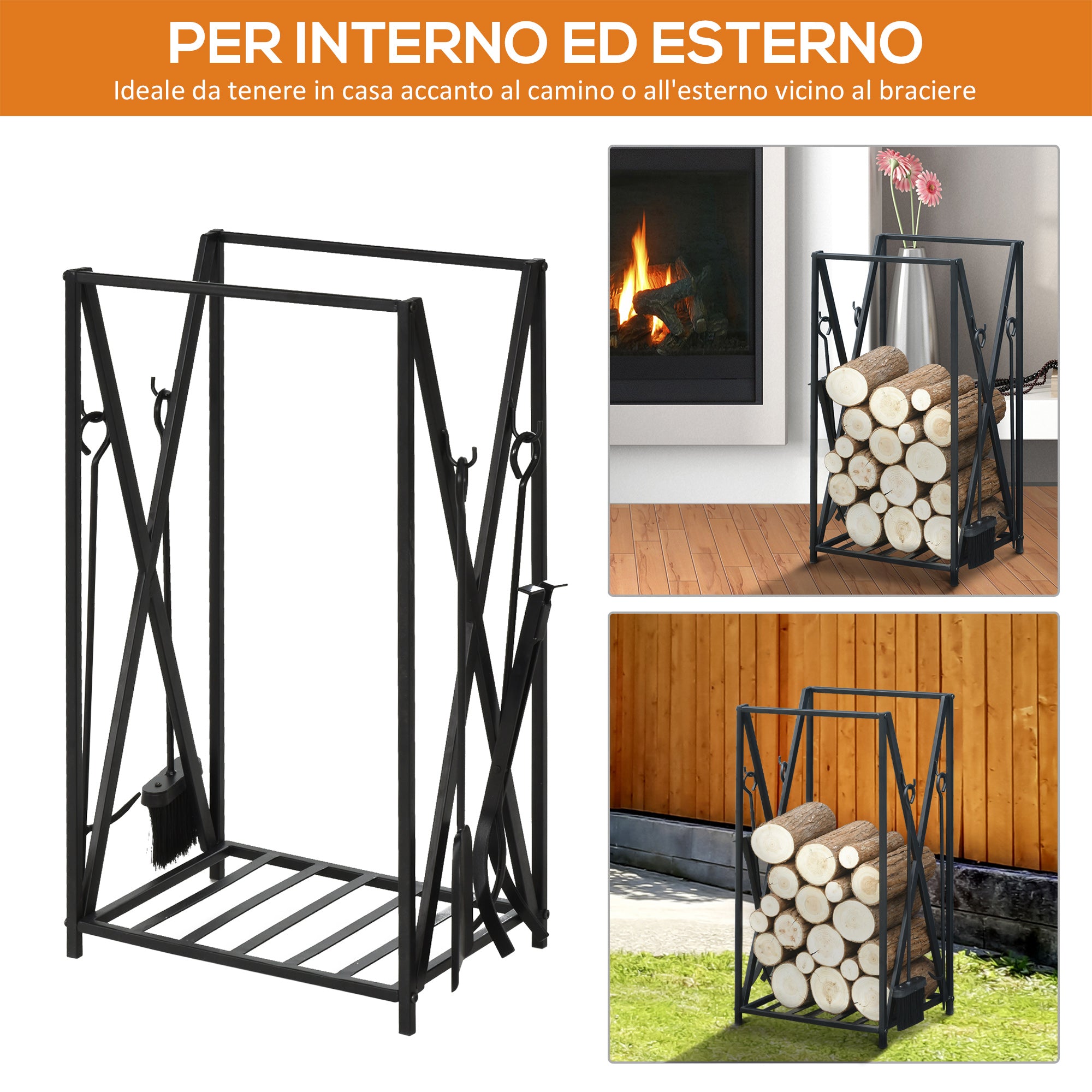 Portalegna per Camino con 4 Attrezzi 46x30x76 cm in Acciaio Nero