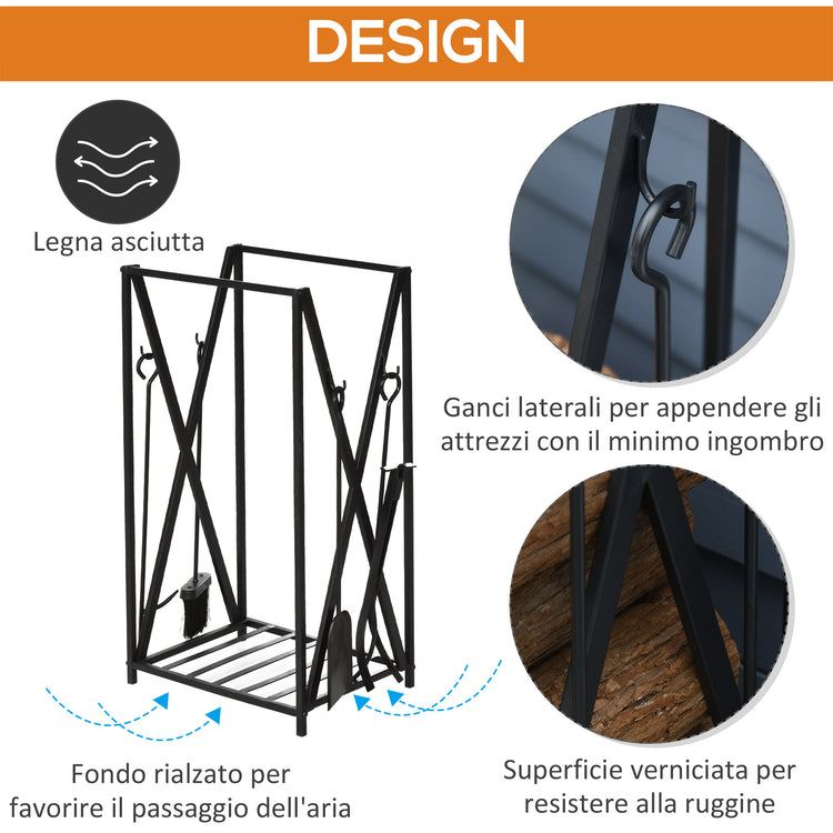 Portalegna per Camino con 4 Attrezzi 46x30x76 cm in Acciaio Nero